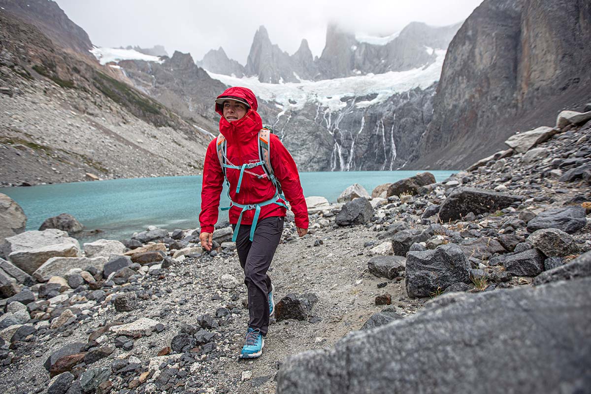 Hiking away from Patagonian lake (The North Face Vectiv Fastpack Futurelight hiking shoes)